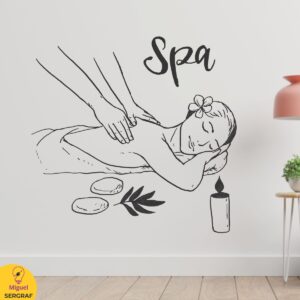 Decorar sala de spa con hermoso vinilo decorativo con motivo de masaje y relax con aceites esenciales.