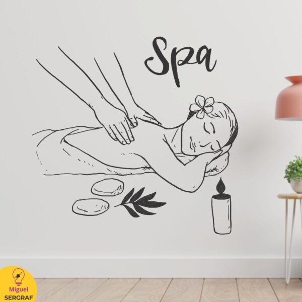 Decorar sala de spa con hermoso vinilo decorativo con motivo de masaje y relax con aceites esenciales.