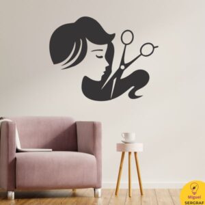 Mujer cabello con tijera de peluquería hermoso vinilo decorativo